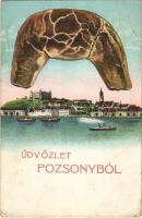 Pozsony, Pressburg, Bratislava; Schwappach Ágost Pozsonyi Patkó reklámlap, pozsonyi kiflis üdvözlőlap / greeting card with walnut croissant, advertisement (fa)