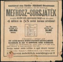 cca 1920 2 db Mefhosz sorsjáték reklám táviraton, kis szakadásokkal