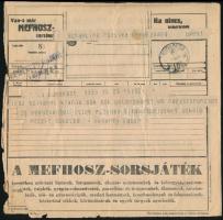 cca 1920 2 db Mefhosz sorsjáték reklám táviraton, kis szakadásokkal