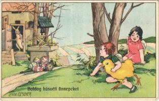 1926 Boldog húsvéti ünnepeket! Pipázó nyúl gyerekekkel / Easter greeting, rabbit with pipe. B.K.W.I. 4661-3. s: Luschi Elischer (EK)
