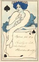 1902 Pikk dáma (Francia kártya) / Queen of Spades (French card). Art Nouveau, Emb. B.R.W. 409. (EK)