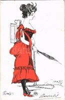 1903 Krampusz hölgy virgáccsal / Krampus lady. Br. K.W.I. 2037/1. s: M.R. (?) (apró szakadások / tiny tears)