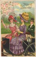 1914 Húsvéti üdvözlet / Easter greeting art postcard, ladies on a horse-drawn carriage. Emb. litho (b)