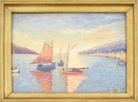 T. Johnstone jelzéssel: Vitorlások. Olaj, vásznazott lemez, üvegezett fa keretben. 30x40 cm