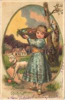 1907 Húsvéti üdvözlet / Easter greeting art postcard, girl with painted eggs and sheep. Emb. litho