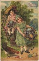 Húsvéti üdvözlet / Easter greeting art postcard, girls with painted eggs. Emb. litho (EK)