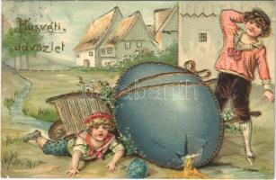 1909 Húsvéti üdvözlet / Easter greeting art postcard, boys with cracked giant egg. Emb. litho (lyuk / pinhole)