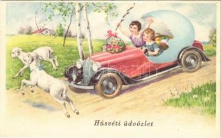 1944 Húsvéti üdvözlet / Easter greeting art postcard, girls driving a car, eggs, sheep. Amag 3243. (EK)