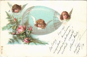1900 Easter greeting art postcard, angel heads with egg. Art Nouveau, floral, litho (EB)