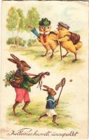 1933 Kellemes húsvéti ünnepeket / Easter greeting art postcard, chicken and rabbits. Cellaro (EK)