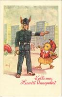 Kellemes húsvéti ünnepeket / Easter greeting art postcard, rabbit policeman with chicken (EK)