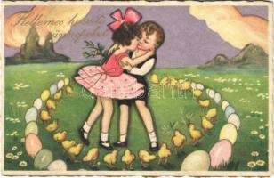 1930 Kellemes húsvéti ünnepeket / Italian Easter greeting art postcard, romantic children couple, circle of eggs and chicken. Ballerini & Fratini 368. s: Chiostri