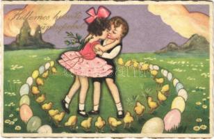 1930 Kellemes húsvéti ünnepeket / Italian Easter greeting art postcard, romantic children couple, circle of eggs and chicken. Ballerini &amp; Fratini 368. s: Chiostri