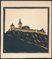 Kós Károly (1883-1977): Gótikus vártemplom Illyefalván. Színes linómetszet, papír, jelzett a metszeten, hátulján feliratozva, 11×11 cm