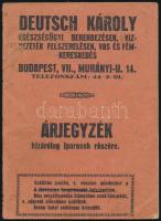 1933 Bp., Deutsch Károly egészségügyi berendezések, vízvezeték felszerelések, vas és fémkereskedés árjegyzéke kizárólag iparosok részére, 35p, tollas, ceruzás bejegyzésekkel