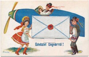 Ungvár, Uzshorod, Uzhhorod, Uzhorod; Népviseletes leporello repülőgéppel / folklore, aircraft, leporellocard s: Bernáth