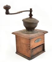 Régi, fiókos kávédaráló. Fa, fém. Repedéssel. 22 cm