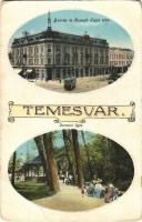 1914 Temesvár, Timisoara; Bonnáz és Kossuth Lajos utca, villamos, Coronini liget. Gerő kiadása / street view, tram, park (EB)