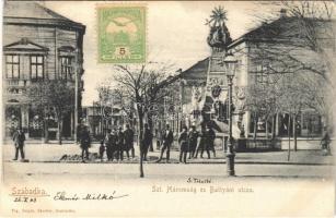 1903 Szabadka, Subotica; Szentháromság tér és szobor, Batthyány utca, üzlet. Vig. Zsigm. Sándor kiadása / square, Holy Trinity statue, street view, shop