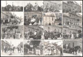 cca 1918-1920 Esztergom, ünnepi felvonulás, virágokkal díszített kocsikkal, jelmezes életképekkel, cserkészekkel, katonákkal, 16 db fotó, 9×11,5 cm