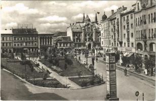 1959 Szombathely, Köztársaság tér, automobil, üzletek, gyógyszertár, kerékpár. Képzőművészeti Alap Kiadóvállalat