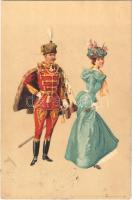 1899 Hungarian romantic art postcard, dance ball, lady with Hungarian nobleman. Kunstanstalt Kosmos 192. litho s: Geiger R.