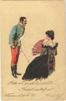 1900 Hungarian romantic art postcard, dance ball, lady with Hungarian hussar officer. Edgar Schmidt 6042. litho