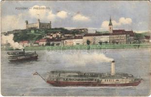 1913 Pozsony, Pressburg, Bratislava; vár, Budapest gőzhajó. Kaufmann kiadása / castle, steamship (kopott sarkak / worn corners)