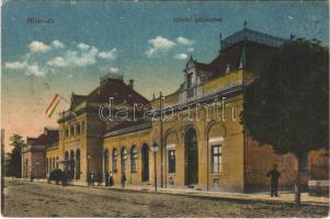1922 Miskolc, Gömöri pályaudvar, vasútállomás, magyar zászló. Vasúti levelezőlapárusítás 46. 1918. (EK)
