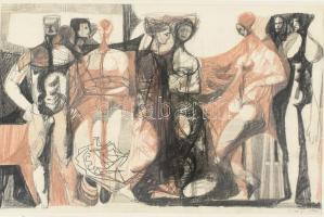 Gulyás Dénes (1927-2003): Jelenet, 1962. Kréta, papír. Jelzett. Üvegezett fa keretben. 36,5x52 cm