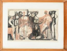 Gulyás Dénes (1927-2003): Jelenet, 1962. Kréta, papír. Jelzett. Üvegezett fa keretben. 36,5x52 cm