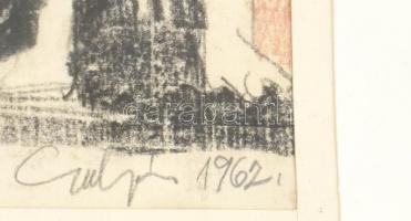 Gulyás Dénes (1927-2003): Jelenet, 1962. Kréta, papír. Jelzett. Üvegezett fa keretben. 36,5x52 cm