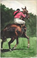 1910 Start / Lovassport. Kézzel rajzolt művészlap / Equestrian sport, horse racer. Hand-painted art postcard s: Bujnák (non PC) (EK)