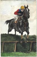 1910 The Fence Jump / Lovassport. Kézzel rajzolt művészlap / Equestrian sport, horse racer. Hand-painted art postcard s: Bujnák (non PC)
