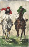 1910 Finish / Lovassport. Kézzel rajzolt művészlap / Equestrian sport, horse racer. Hand-painted art postcard s: Bujnák (non PC) (EB)