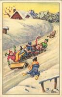 1928 Bobszán baleset, humor. Téli sport művészlap / Bobsleigh accident, humour. Winter sport art postcard. A. Ruegg 546. artist signed
