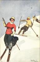 1914 Síelő hölgy, téli sport művészlap / Skiing lady, winter sport art postcard. B.K.W.I. 371-5. s: Fritz Schönpflug
