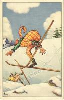 1928 Síbaleset, humor. Téli sport művészlap / Ski accident, humour. Winter sport art postcard. A. Ruegg 554. artist signed (EK)