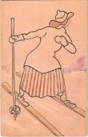 Síelő hölgy. Kézzel rajzolt téli sport művészlap / Skiing lady. Hand drawn winter sport art postcard (non PC) (EK)