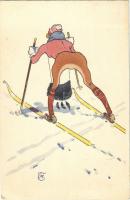 Síelő hölgy. Humoros téli sport művészlap / Skiing lady. Humorous winter sport art postcard, litho