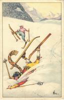 1928 Síbaleset, humor. Téli sport művészlap / Ski accident, humour. Winter sport art postcard. A. Ruegg 557. artist signed (EB)