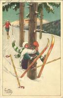 1929 Síbaleset, humor. Téli sport művészlap / Ski accident, humour. Winter sport art postcard. A. Ruegg 548. s: Arthur Thiele