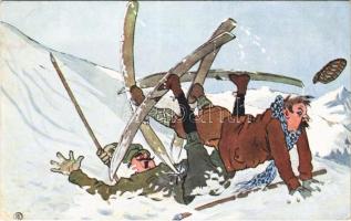 1906 Síbaleset. Humoros téli sport művészlap / Ski accident, humour. Winter sport art postcard. P. & C.M. Serie 110. (EK)
