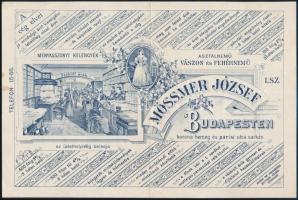 1907 Bp., Mössmer József Menyasszonyi kelengyék, vászon, fehérnemű kereskedésének díszes számlája, rajta az üzlethelyiség belsejének képével
