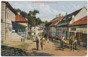Selmecbánya, Schemnitz, Banská Stiavnica; Erzsébet utca, lovaskocsi, szálloda, üzlet. Joerges kiadása 1909. / street, horse cart, hotel, shops