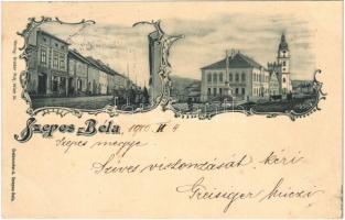 1900 Szepesbéla, Spisská Belá (Szepes, Zips); Béla szálloda, utca, Gretzmacher Árpád üzlete és saját kiadása / hotel, street, shop. Art Nouveau