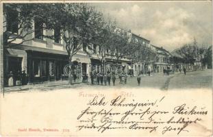 1901 Trencsén, Trencín; Fő tér, G. Zsigmond fia üzlete. Szold Henrik 7775. / main square, shops (Rb)
