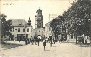 1911 Trencsén, Trencín; utca, tér, Blaschke E. és Köves üzlete, várostorony / street, square, shops, tower (EK)