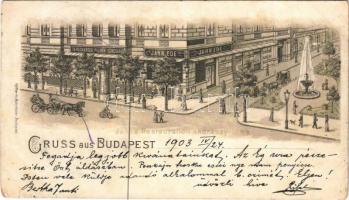 1903 Budapest VI. Jahn Ede vendéglője, étterem, Terézvárosi Pilseni Sörcsarnok, Bucher Károly üzlete. Andrássy út 44. Kiadja Kellner és Mohrlüder. litho