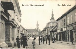 1908 Nagyszombat, Trnava; Nagy Lajos utca, férfi divatterem, Magran Miksa, Szwatko, Manheim Jakob, Havlik József üzlete / street, shops (Rb)